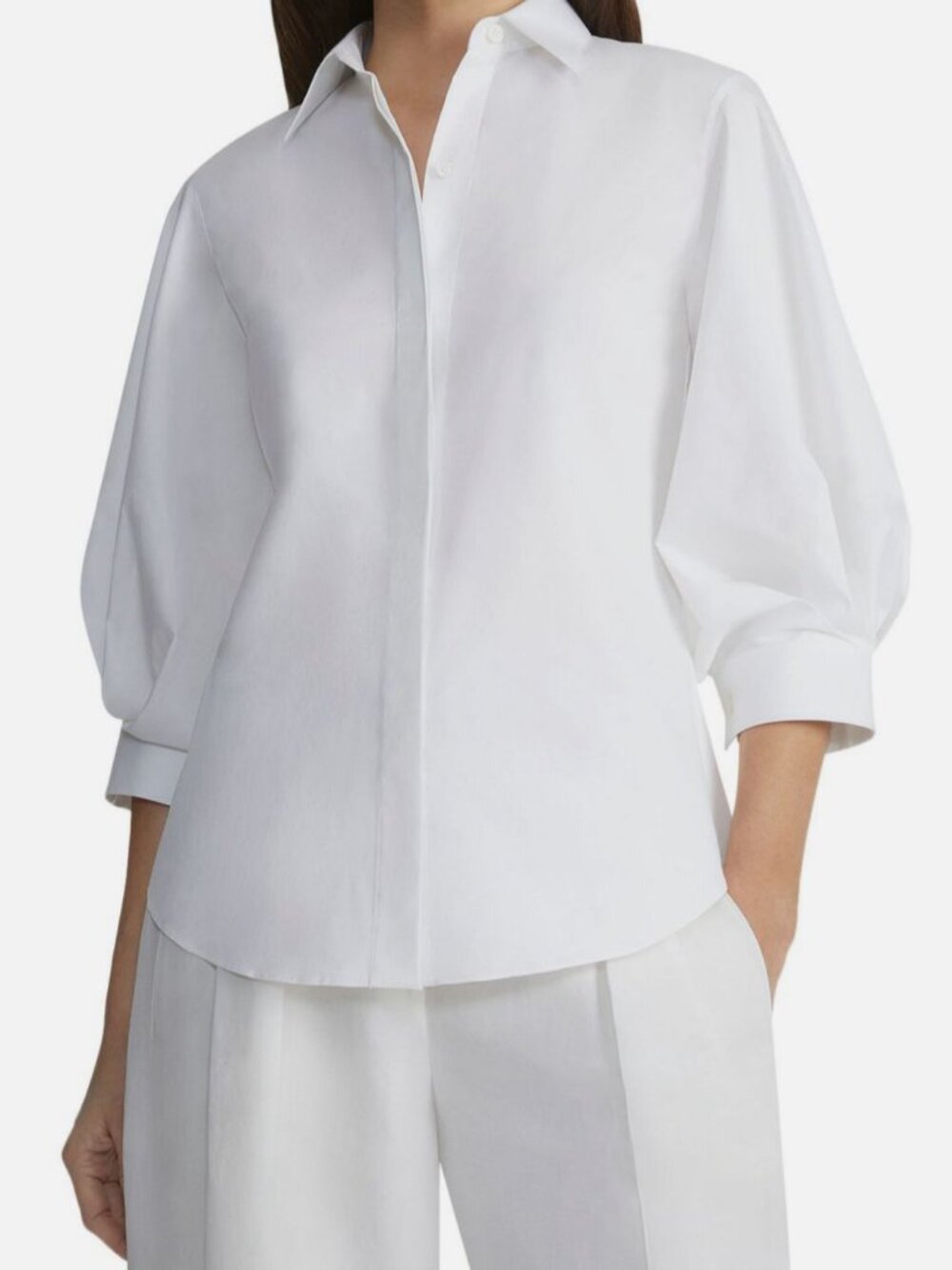 Lafayette 148 New York Women's White Collared Pleated Balloon Sleeve Top Size 4